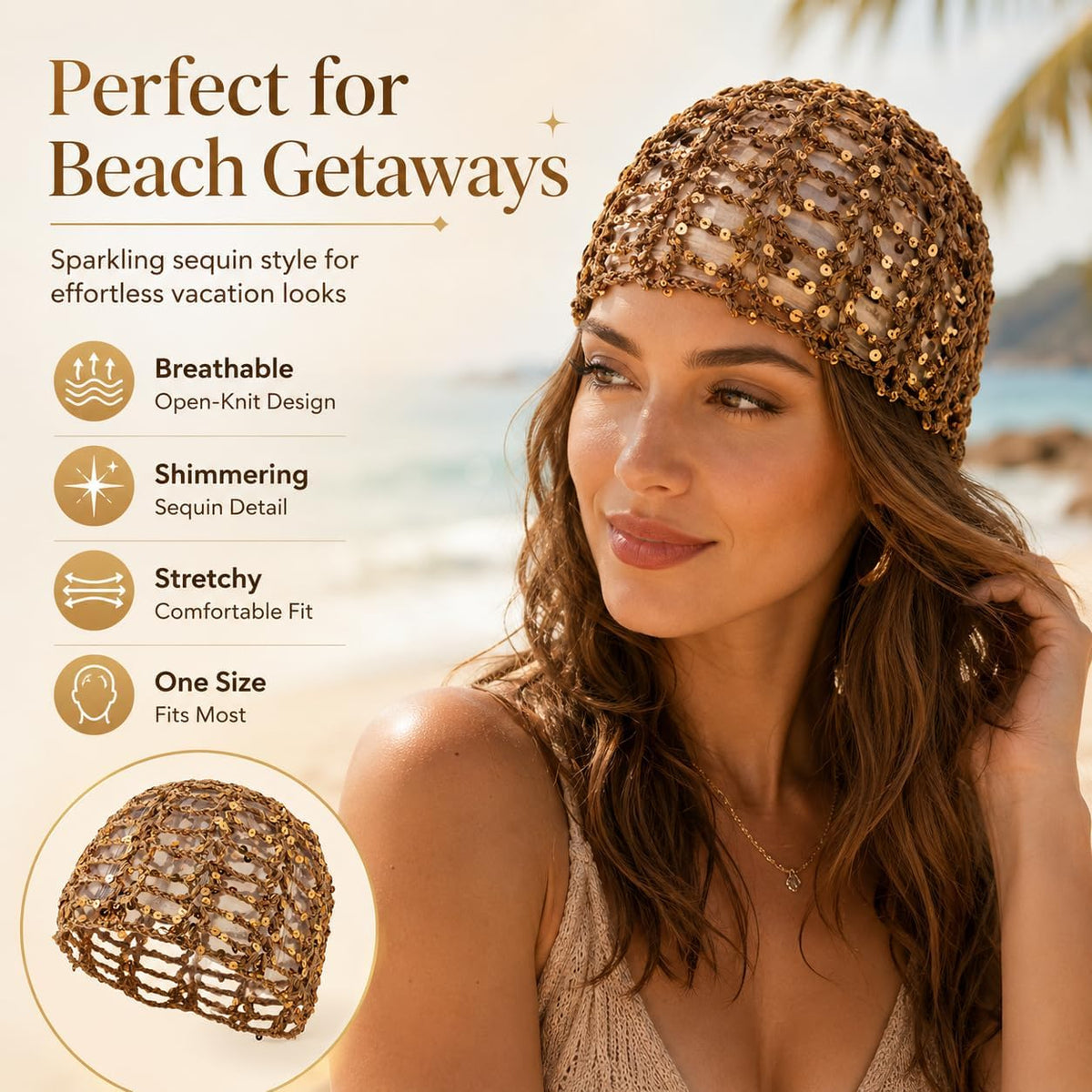 Gorro de punto con lentejuelas para mujer, estilo bohemio, con huec...