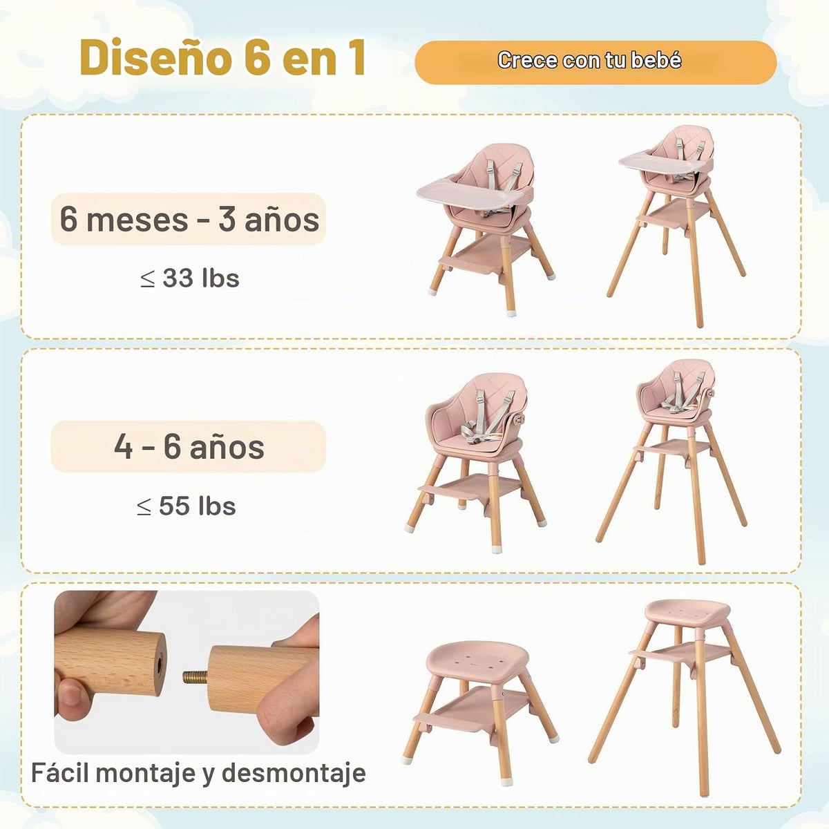 HONEY JOY Silla alta para bebé, silla alta convertible 6 en 1 de ma...