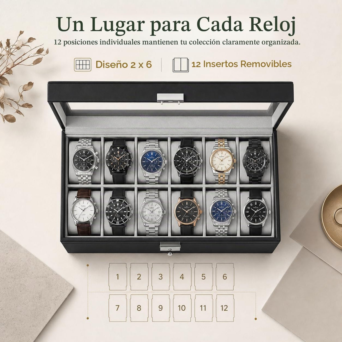 GUKA Caja de reloj de 12 ranuras, organizador de exhibición de cuer...
