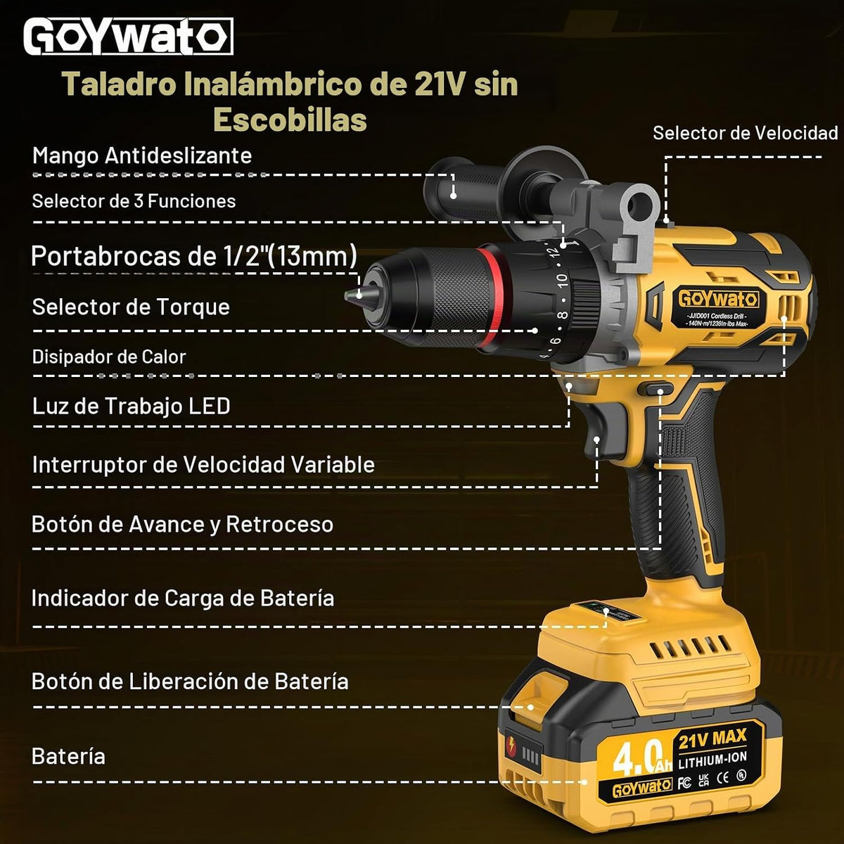 GoYwato Taladro de martillo inalámbrico de 1239 pulgadas · libras,...