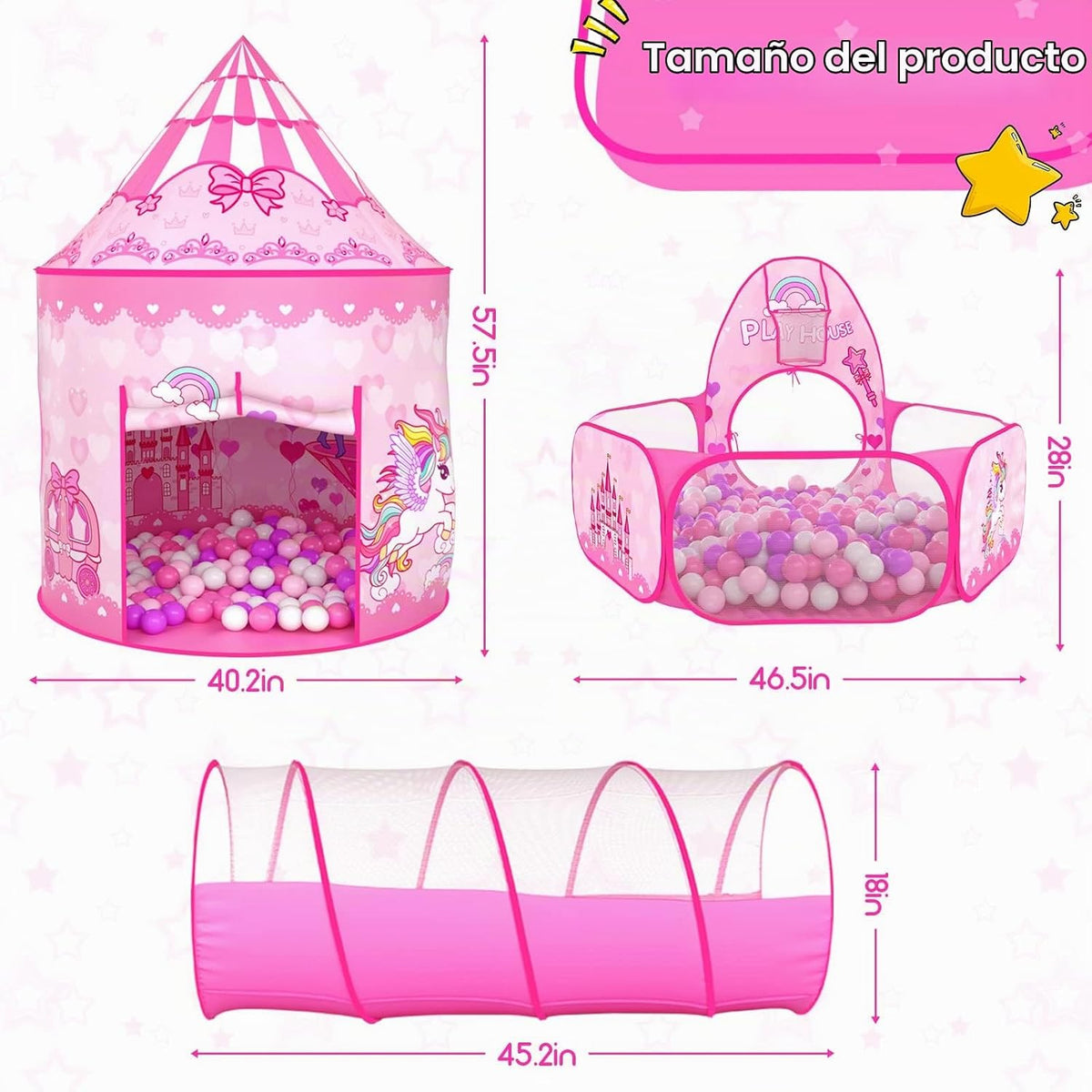 Tienda de campaña de 3 piezas para niñas con hoyo de bolas, túnel d...
