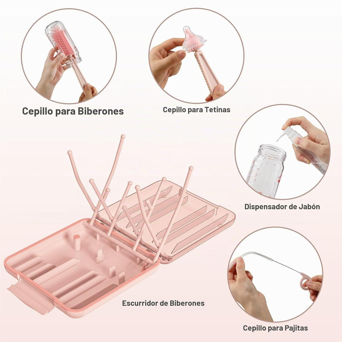 Juego de limpiador de biberones 6 en 1 con rejilla para secar, cepi...