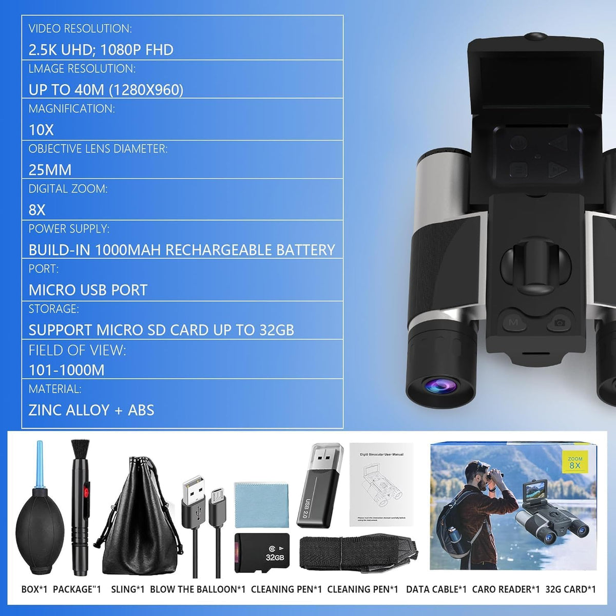 Binoculares digitales con cámara de 40 MP, (plata) | Zoom óptico 10...