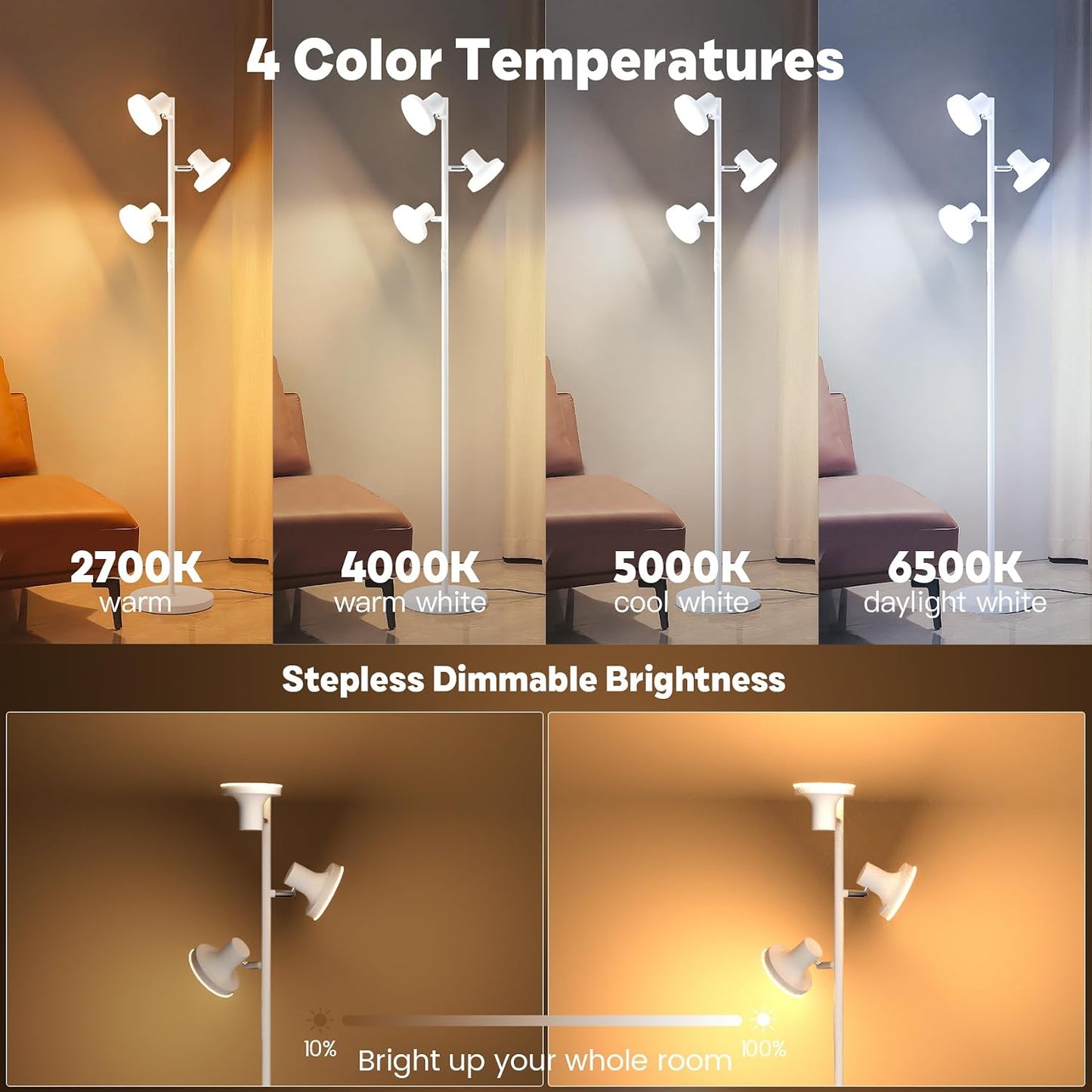 SIBRILLE Lámpara de pie LED de árbol de 36W, lámpara de pie ajustab...