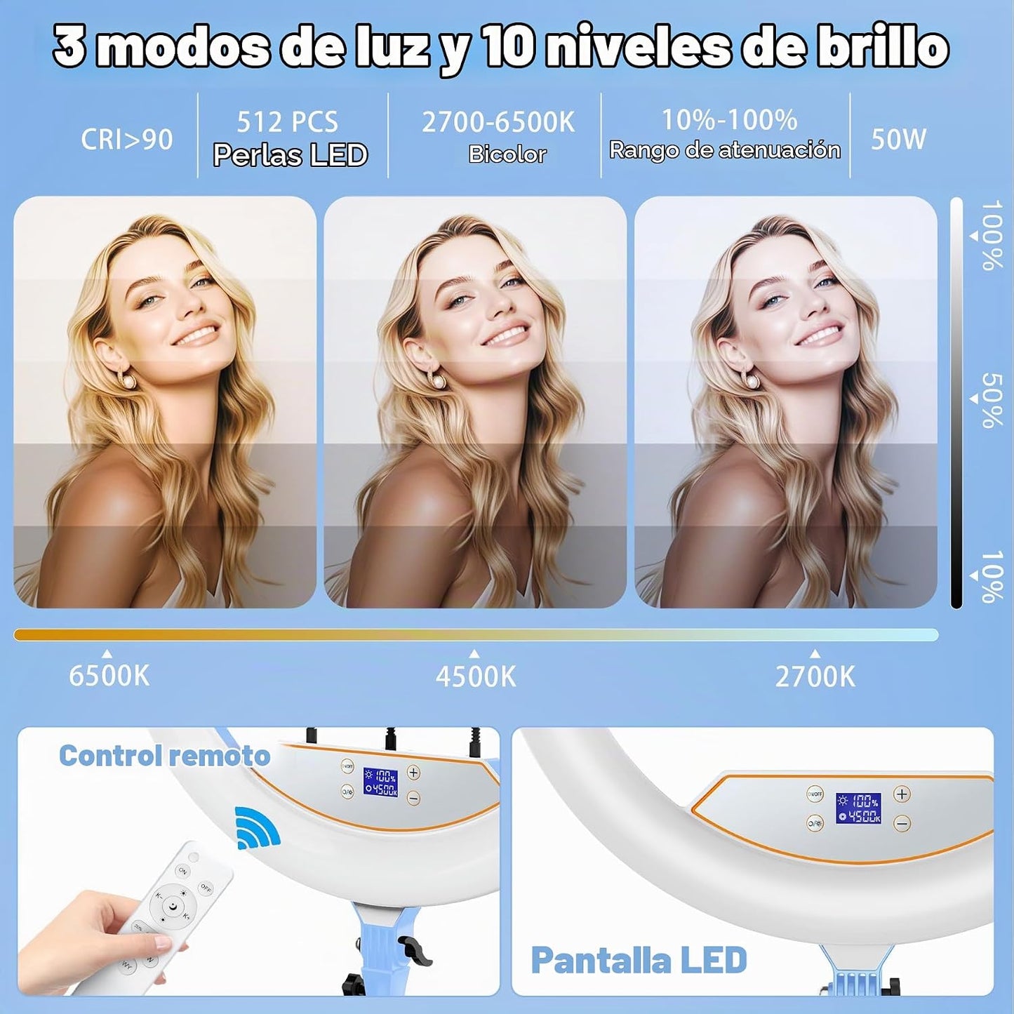 MACTREM Anillo de luz grande de 22 pulgadas con soporte para maquil...