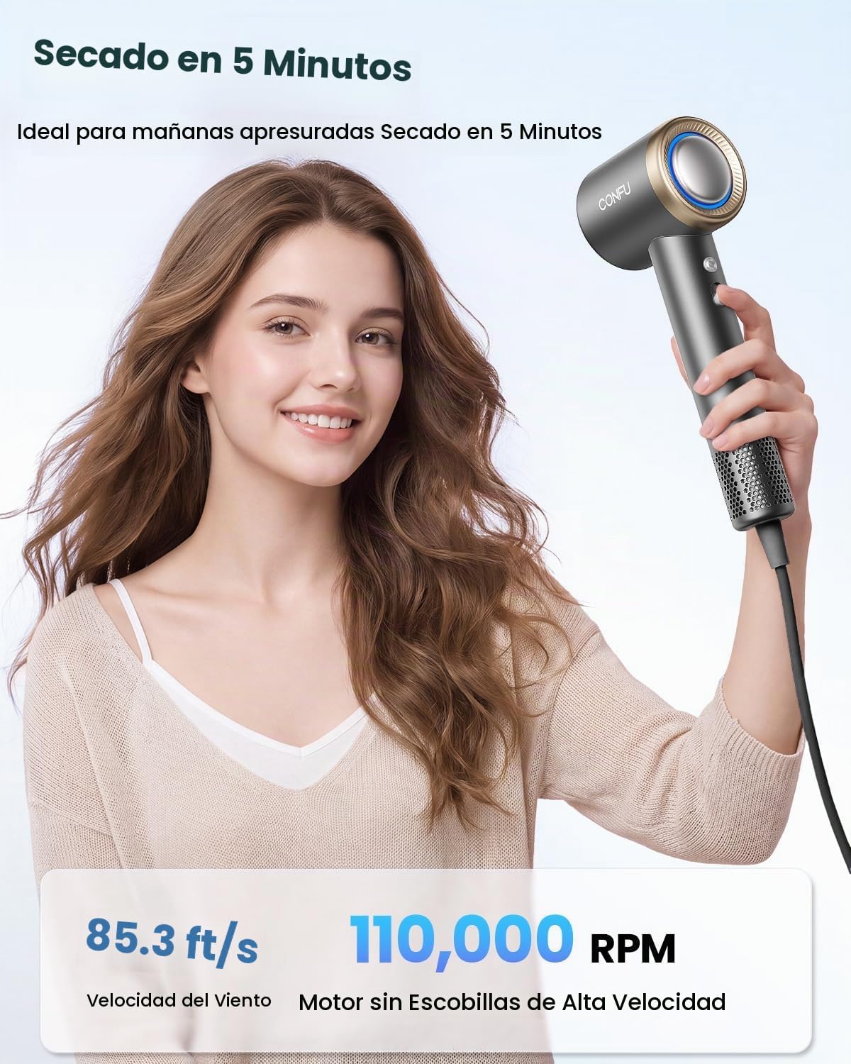 Secador de pelo, secador de pelo iónico CONFU con difusor para cabe...