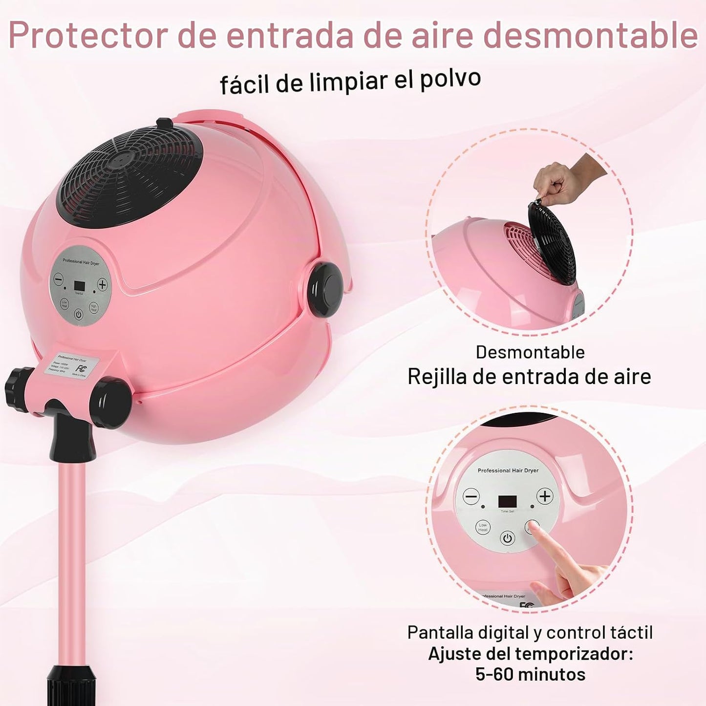 Secador de pelo profesional con capucha, color rosa, con 3 ajustes...