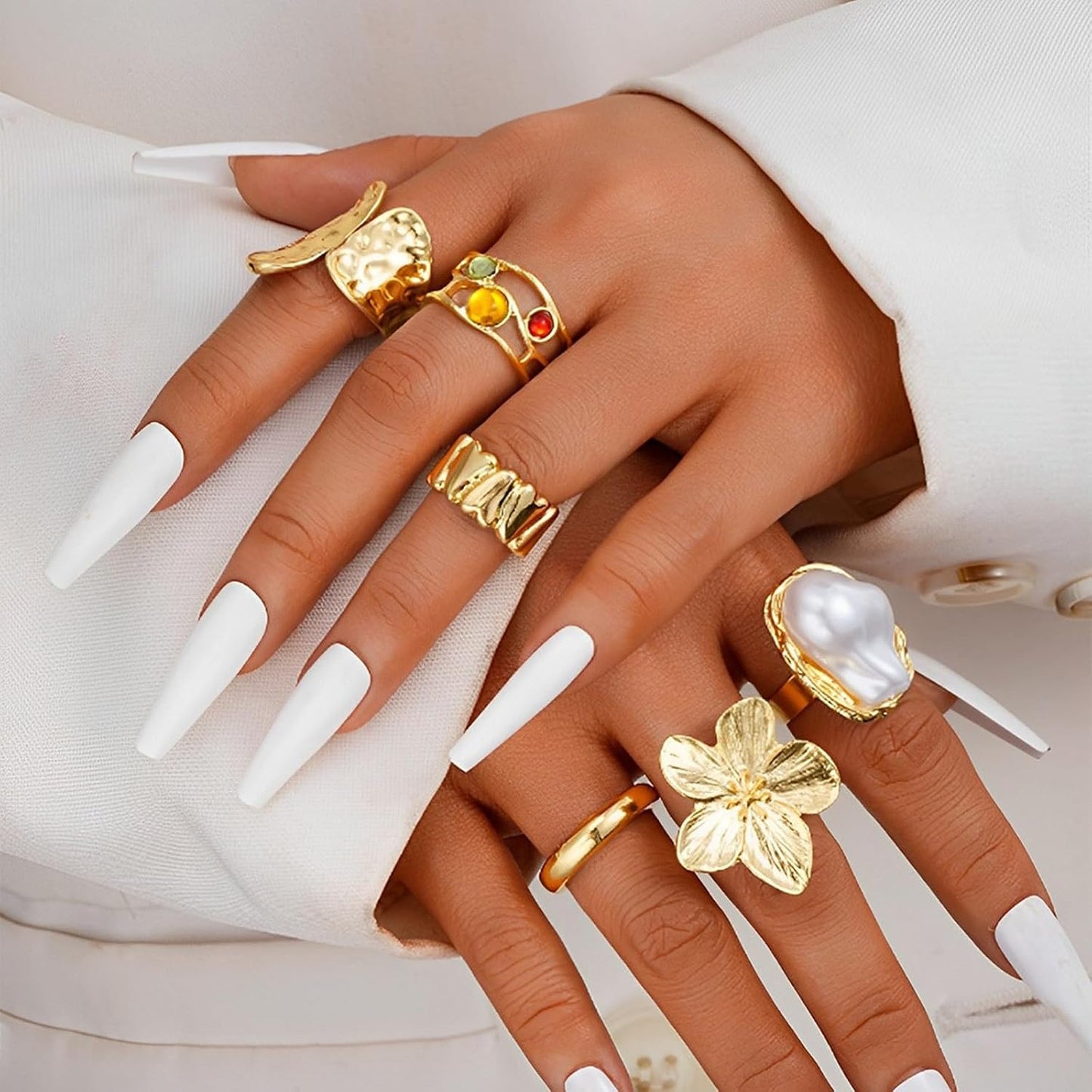 IQIC Anillos gruesos de oro para mujer, juego de anillos de plata a...