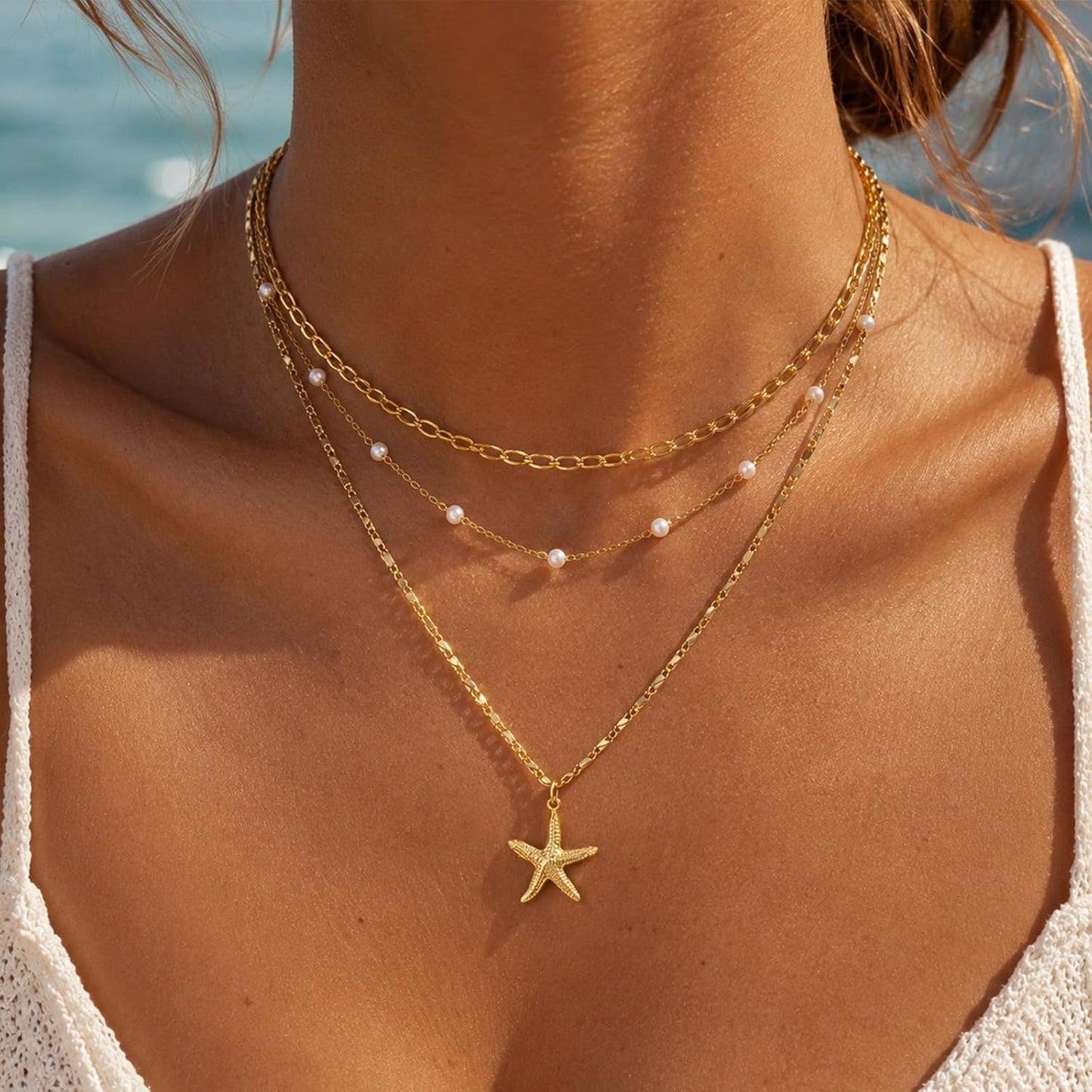 Collar de estrella de mar de playa de verano en capas para mujer, n...