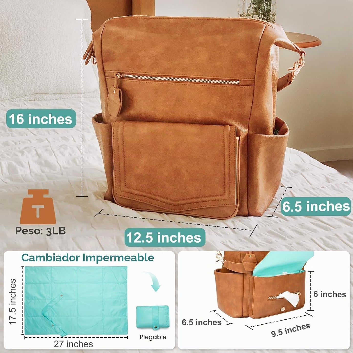 MOMINSIDE - Mochila de cuero convertible para pañales de bebé, bols...