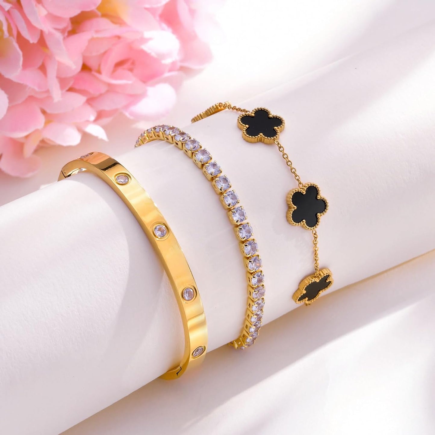 Pulseras florales apilables para mujer en oro - Juego de 3 pulseras...