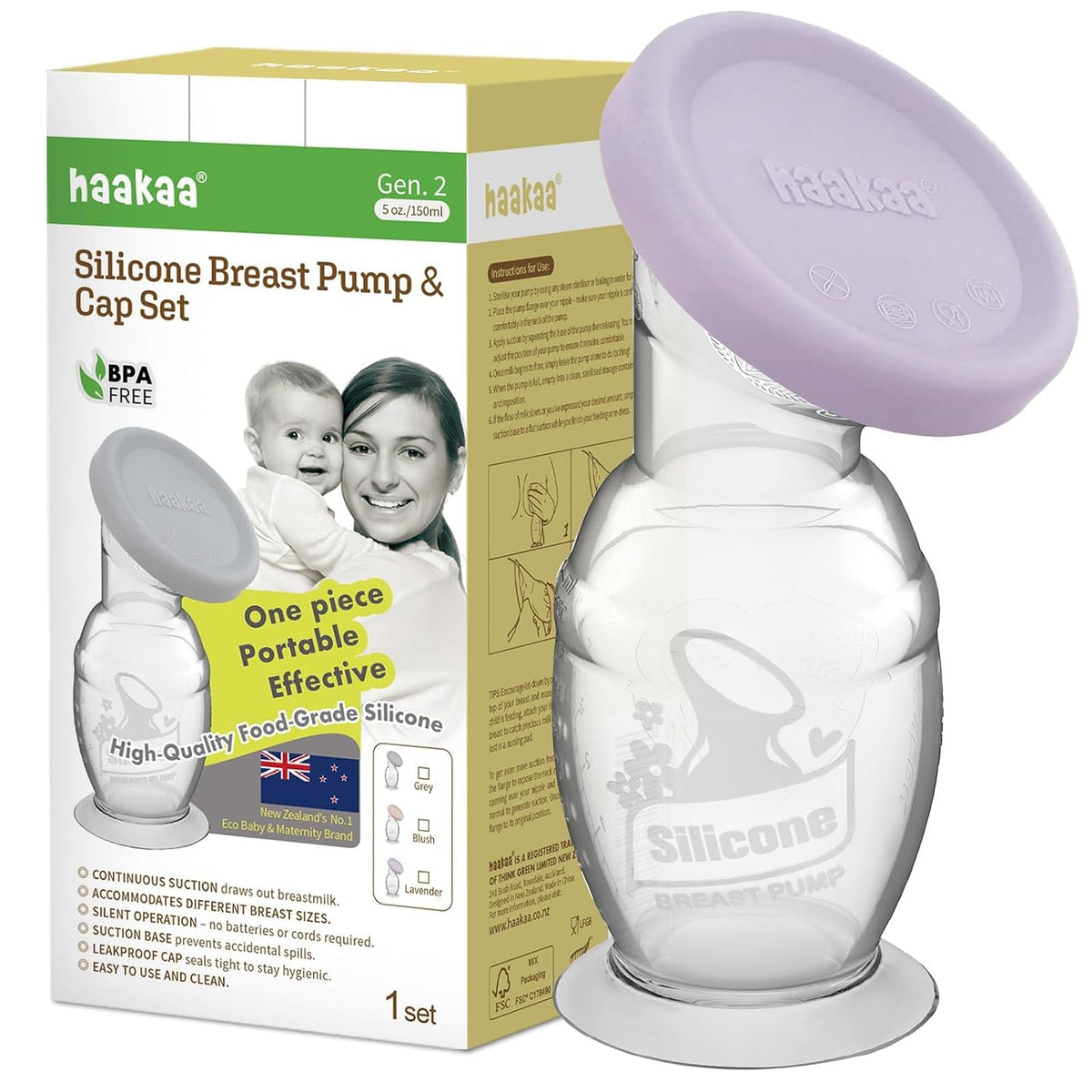Haakaa Extractor de Leche Manual con Base 118ml+Tapa (Lavanda), Gen...