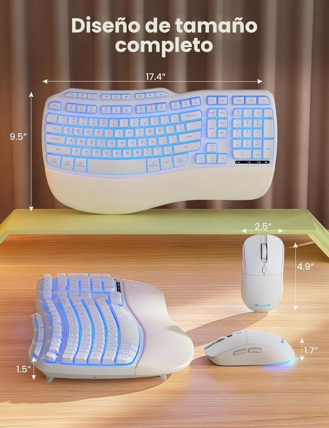 Combo de teclado y mouse inalámbricos blancos, juego de teclado erg...