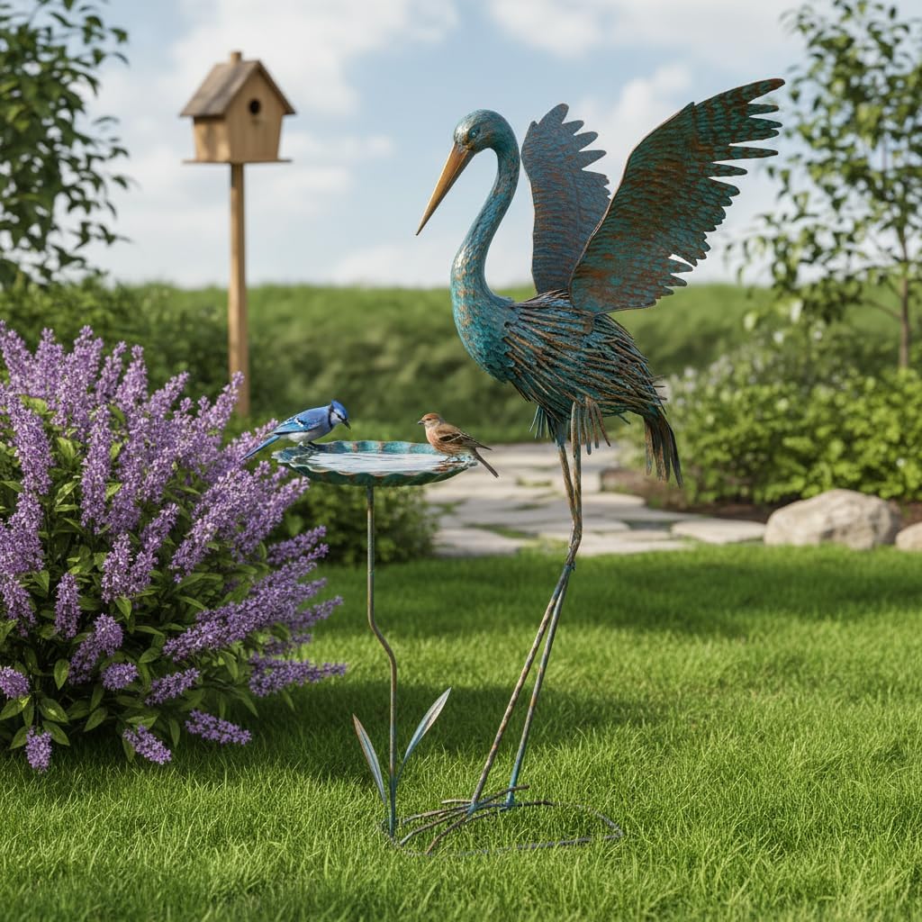 giole Estatuas de garza para exteriores con bandeja de hojas, estat...