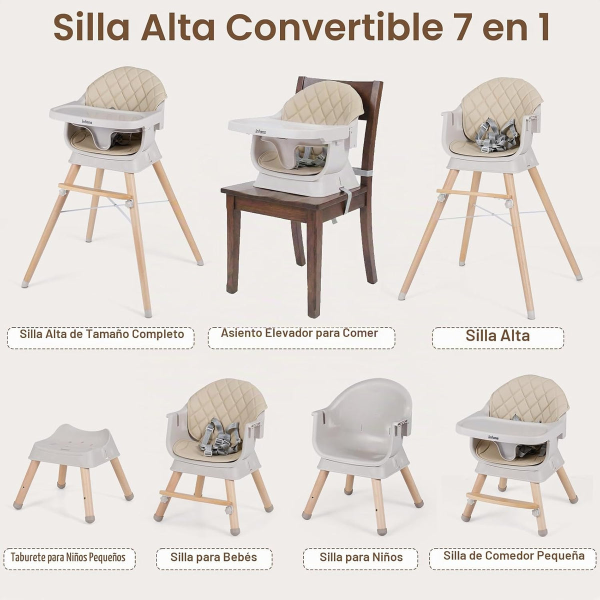 INFANS Silla alta para bebé, silla alta convertible de madera 6 en...