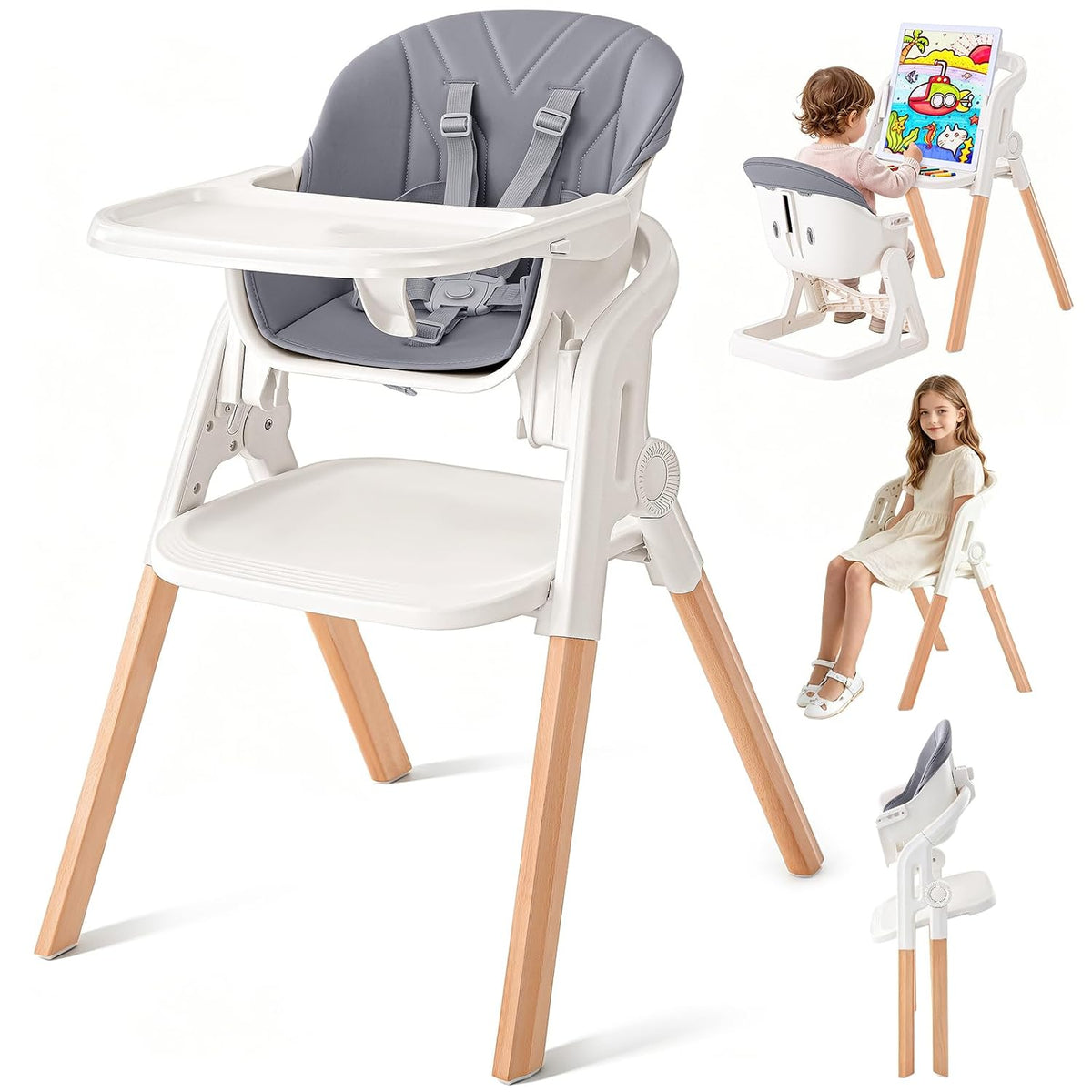 Silla alta plegable para bebé, sillas altas de madera convertibles...