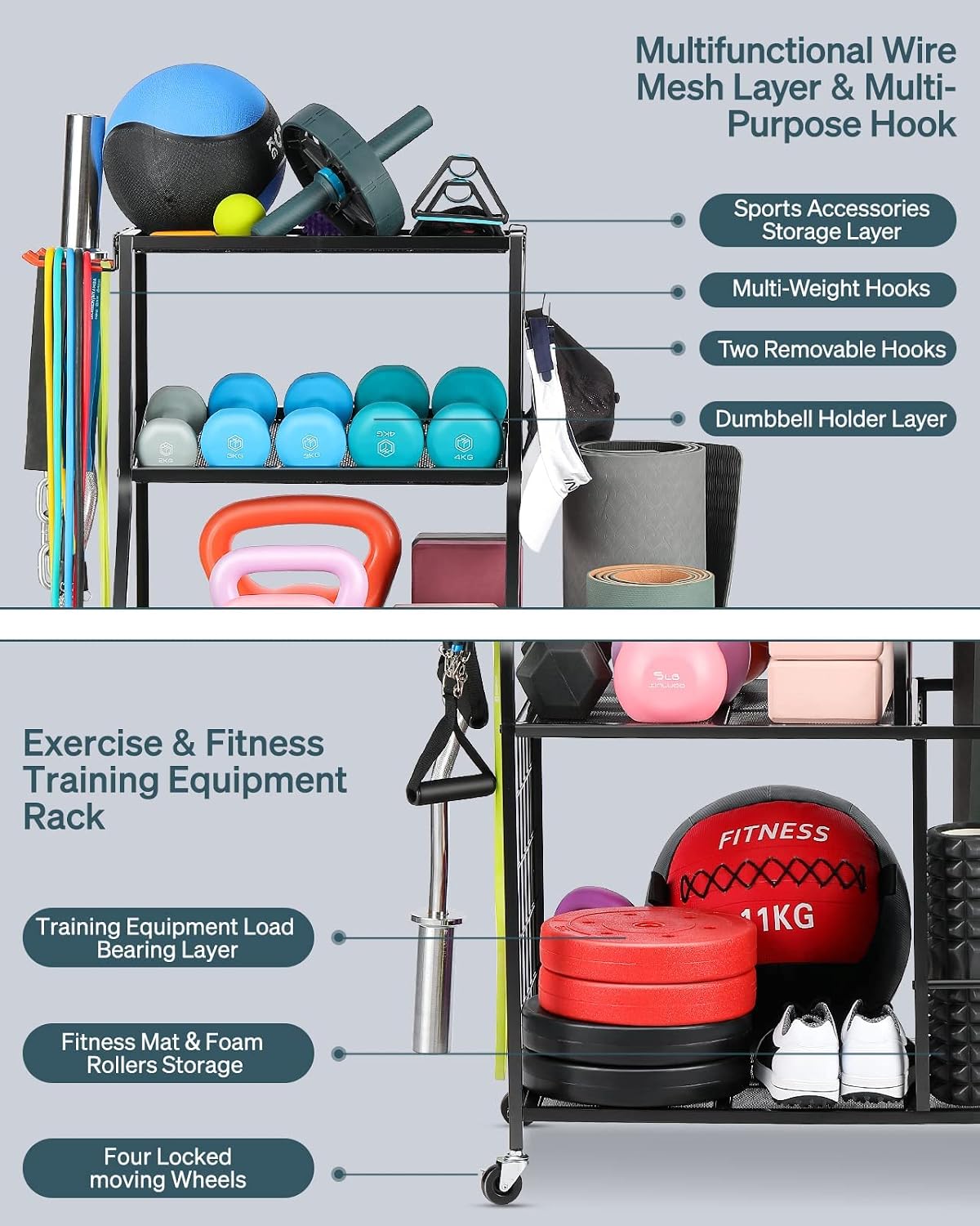 AHOWPD Estante de pesas para gimnasio en casa, estante de almacenam...