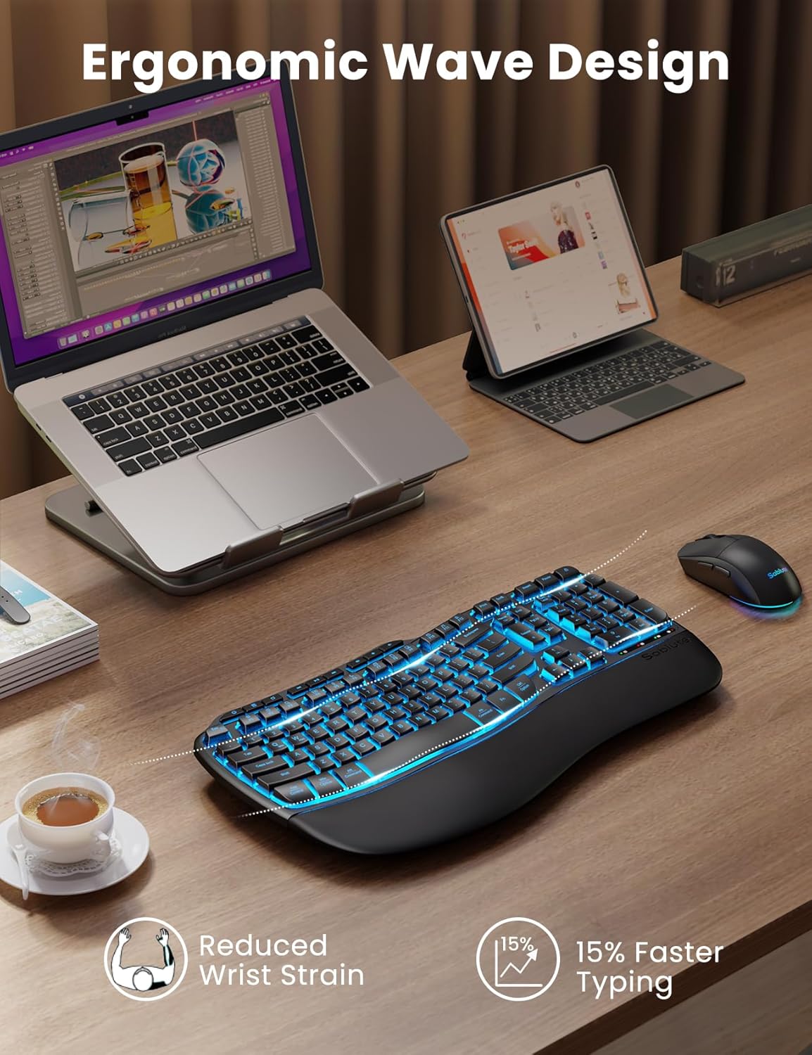 Combo ergonómico de teclado y mouse inalámbricos, teclado retroilum...
