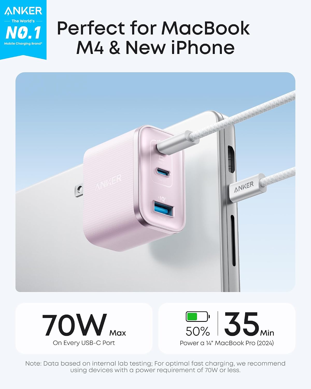 Anker Cargador rápido Nano 70W Max de 3 puertos USB C, cargador tip...