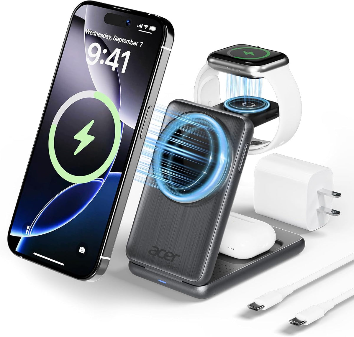 Estación de carga 3 en 1 de Acer para iPhone, soporte de cargador i...