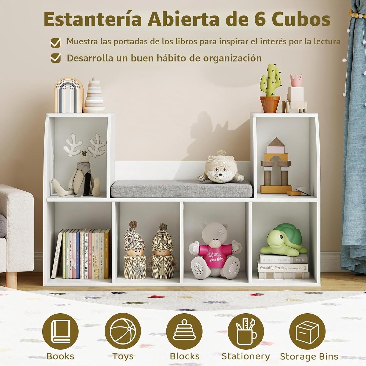 Costzon Estantería infantil con rincón de lectura, organizador de a...