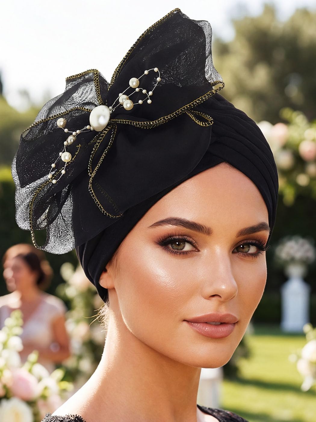 Bohend Gorro con nudo de flor grande, perlas de perlas, turbantes p...