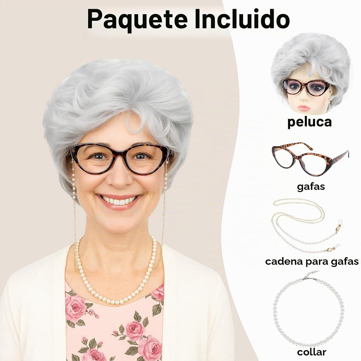 PUREHAIR Peluca de disfraz de anciana blanca para mujer con gafas,...