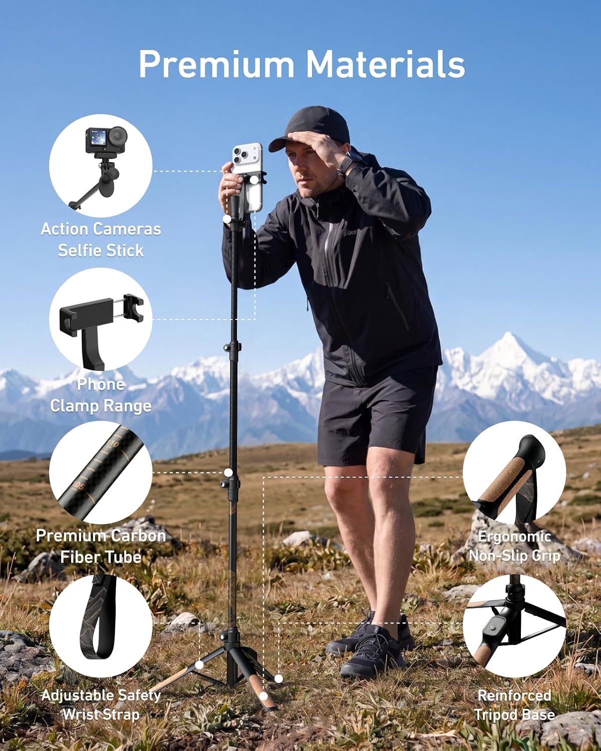 TELESIN TrekShot - Trípode de fibra de carbono para selfie, poste d...
