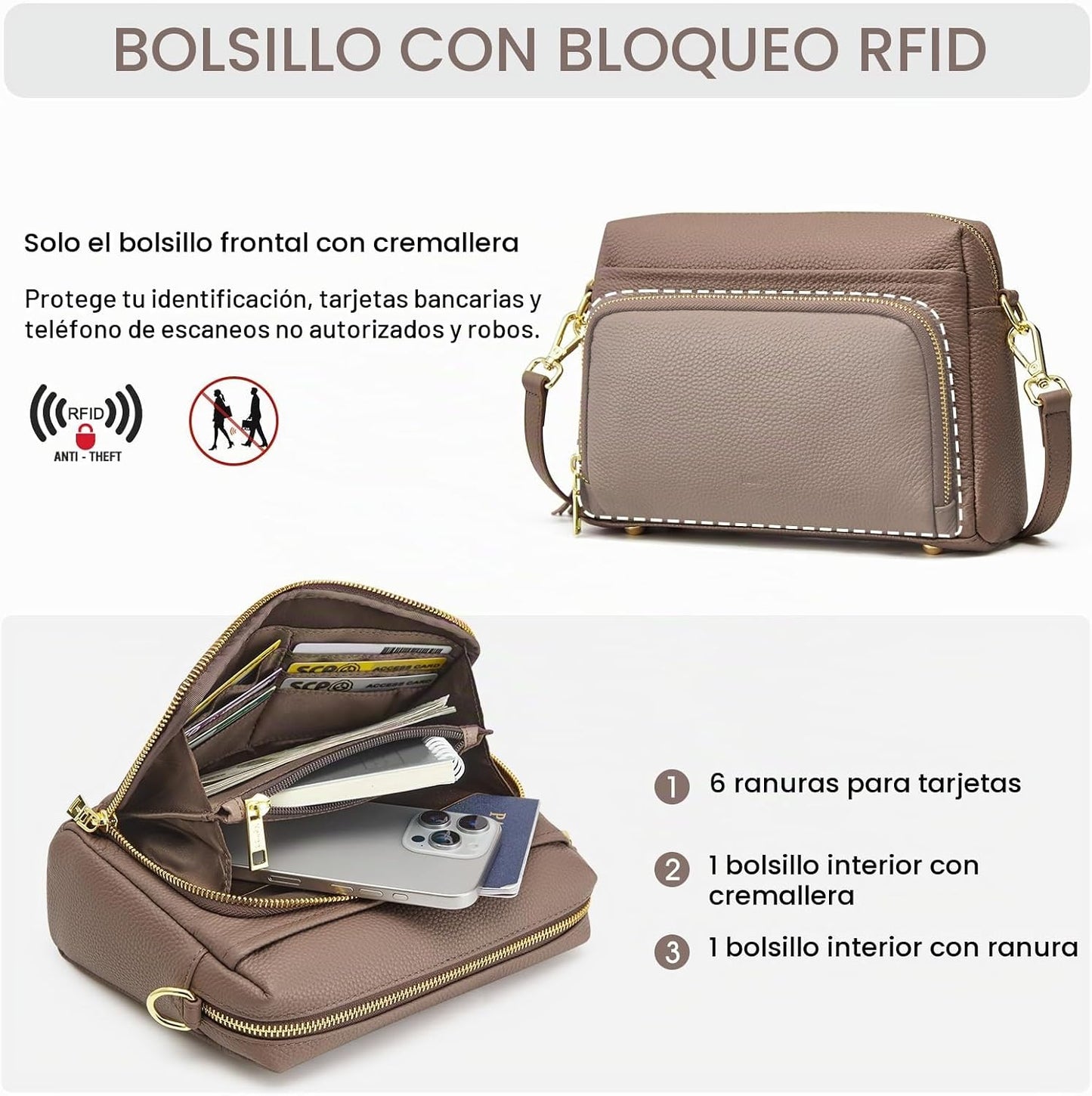 Kattee Bolso cruzado de cuero para mujer, pequeño, antirrobo, con c...