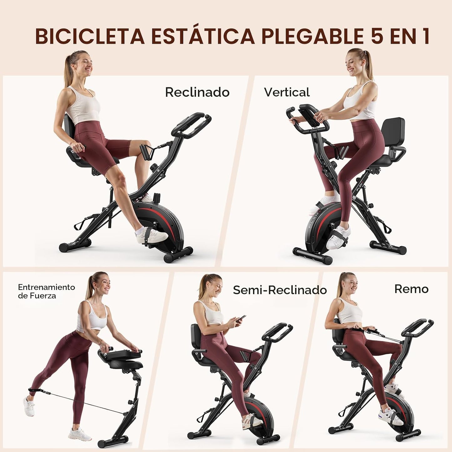 Pleny Bicicleta estática plegable, bicicletas estacionarias 5 en 1...