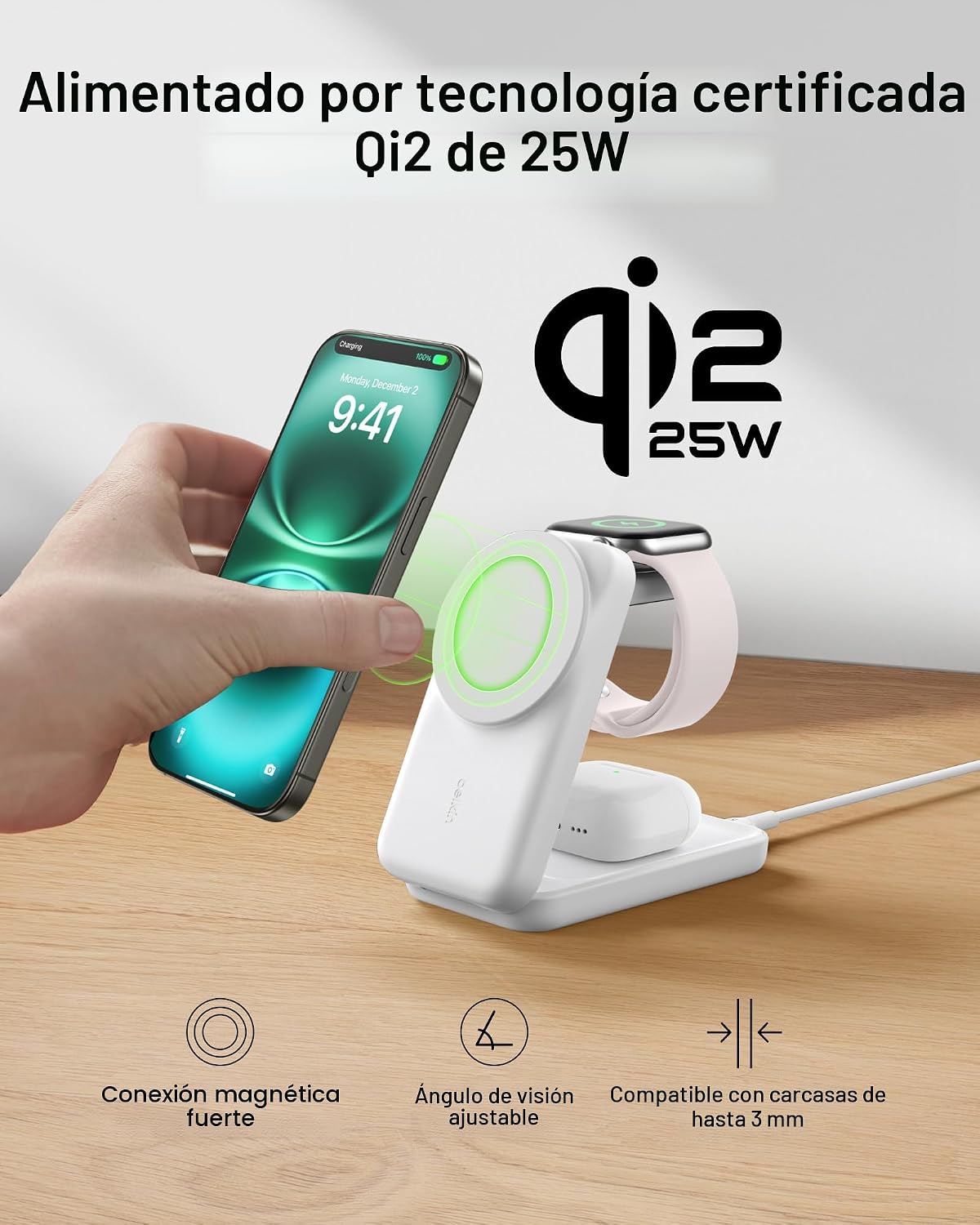 Belkin Qi2.2 25W inalámbrico 3 en 1 estación de carga rápida plegab...