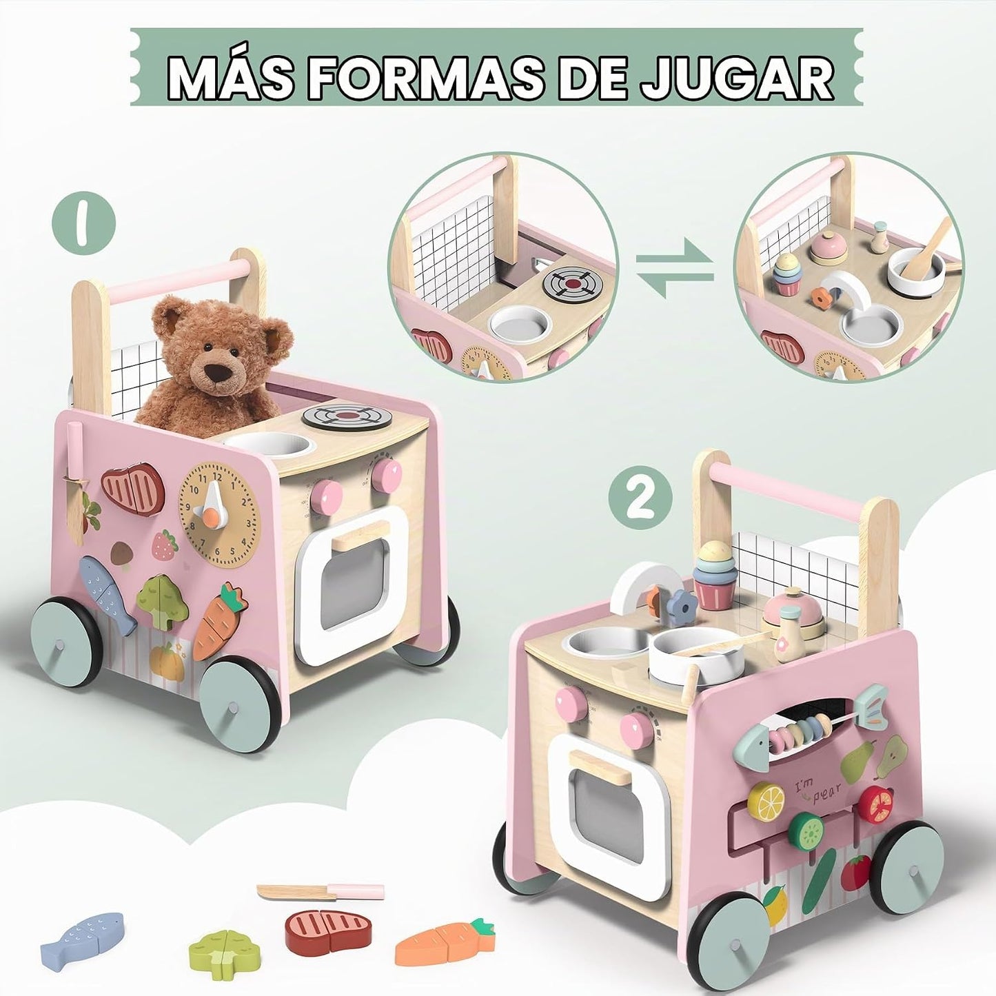 Gigglegems Andador de madera para bebés 4 en 1 con juguetes de empu...