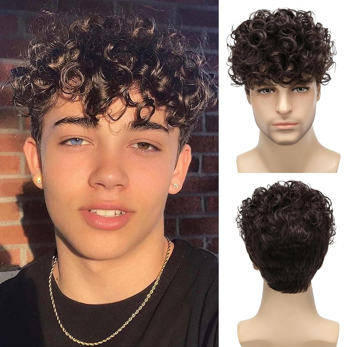 Daiaces Pelucas rizadas para hombre, peluca corta de color marrón,...
