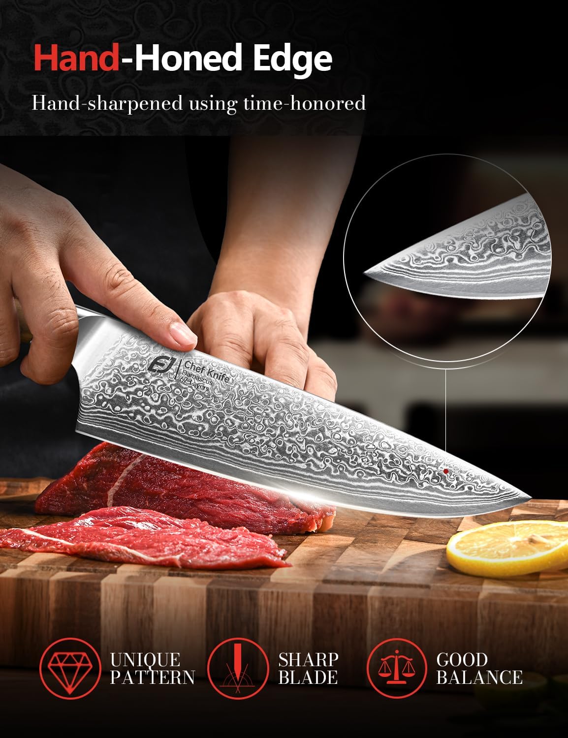 Cuchillo de chef de Damasco en acero japonés, cuchillo de cocina de...