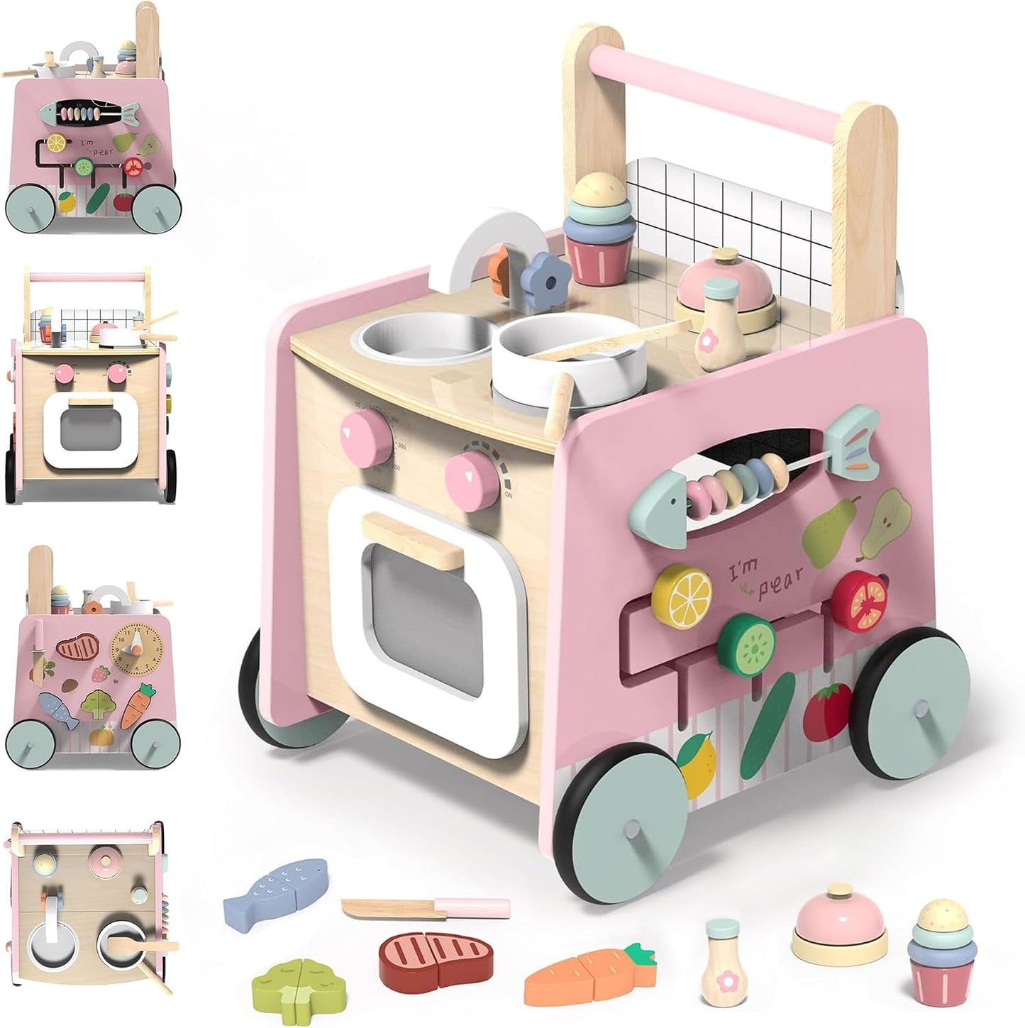 Gigglegems Andador de madera para bebés 4 en 1 con juguetes de empu...