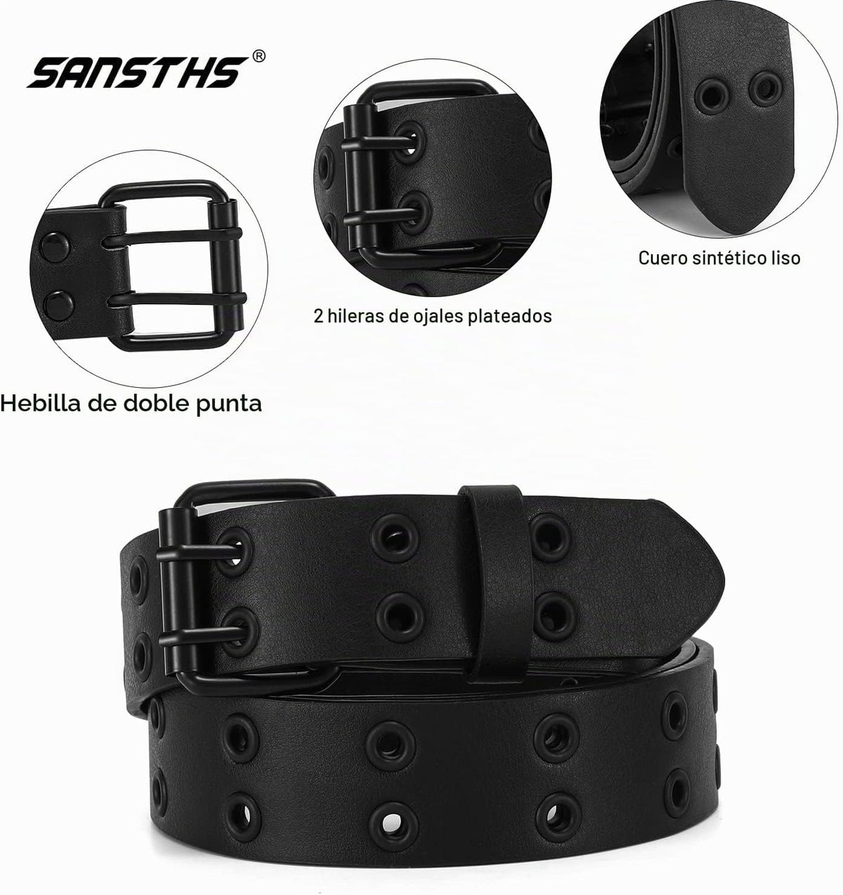 SANSTHS Cinturones de doble ojal con remaches para mujer, cinturón...