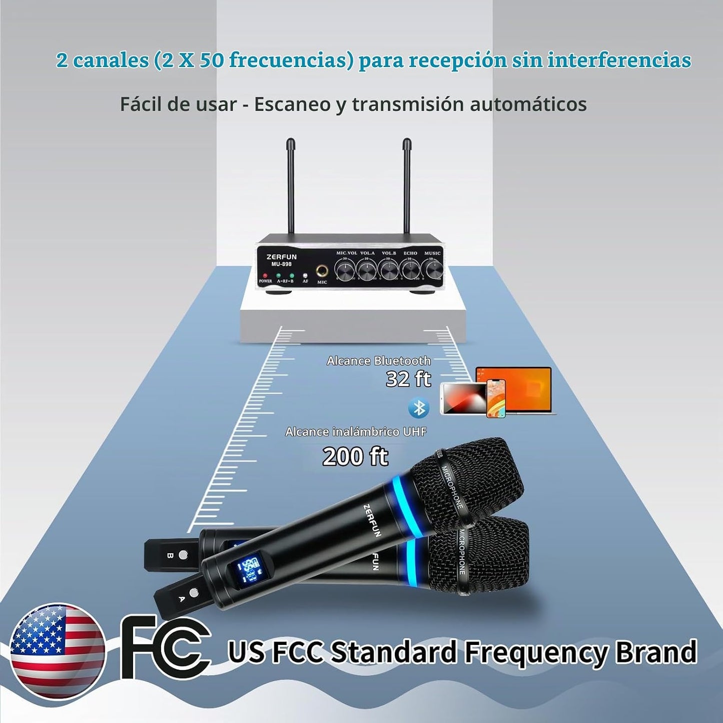 ZERFUN Sistema de Micrófono Inalámbrico Recargable de 2 Canales, Mi...