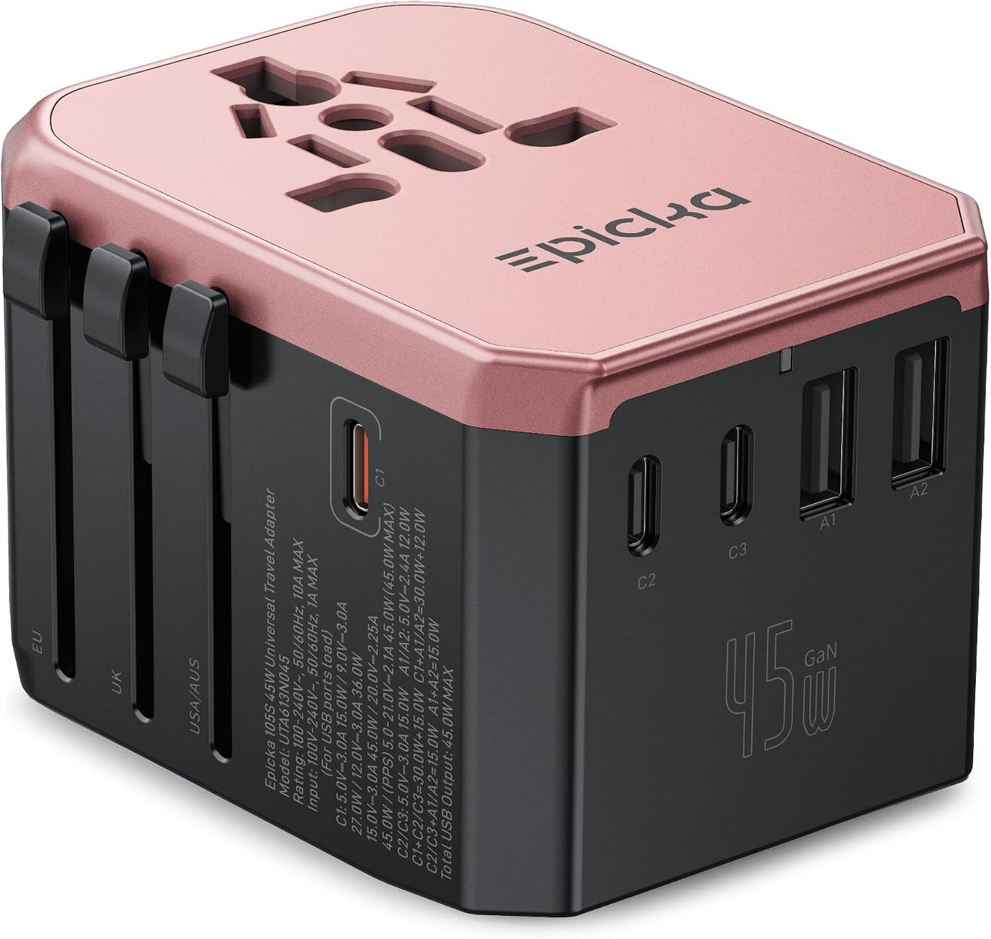 EPICKA Adaptador de viaje universal de 45 W PD&amp;QC, 1AC\/3USB-C\...
