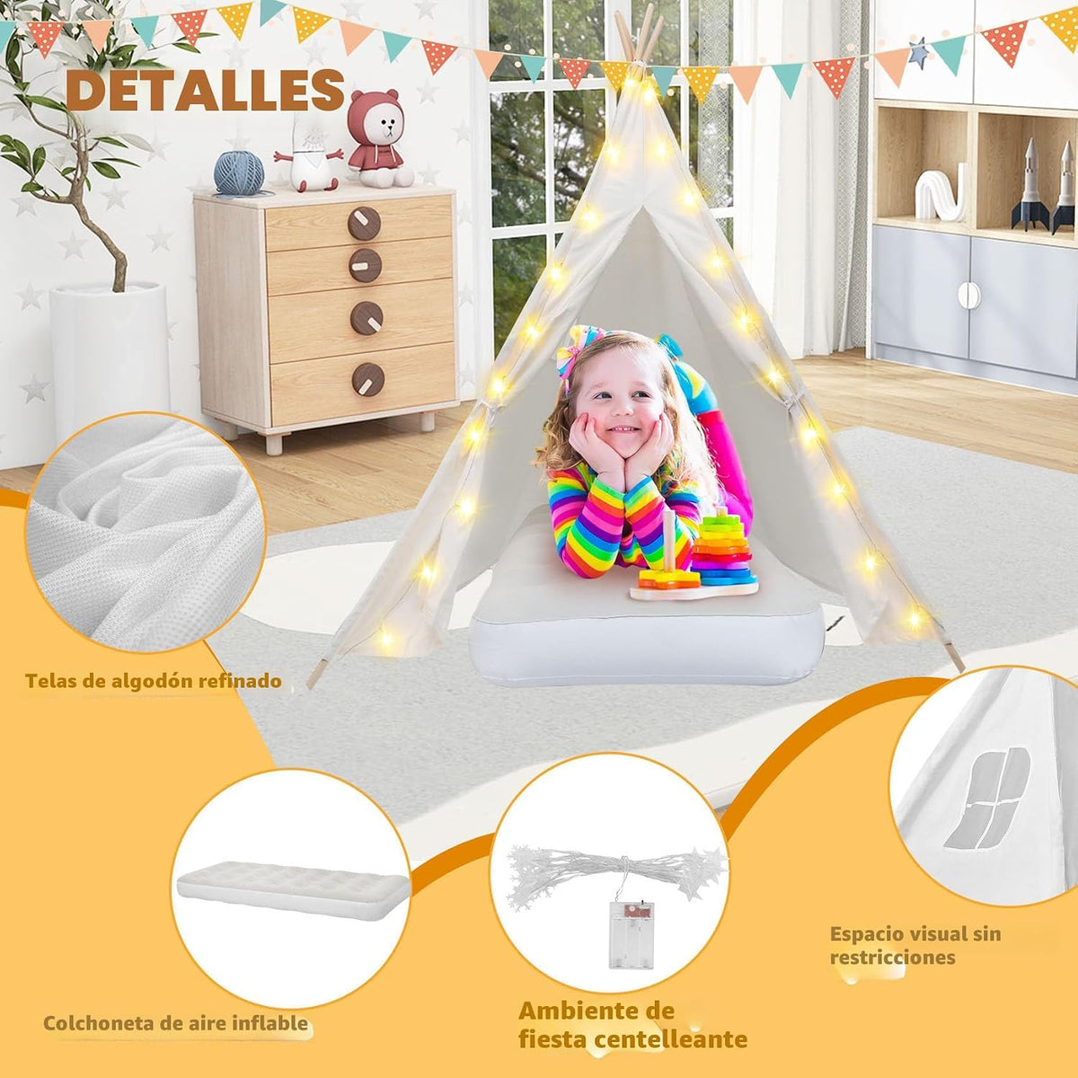 Paquete de 6 carpas tipi para niños [reforzadas] con luces LED y co...