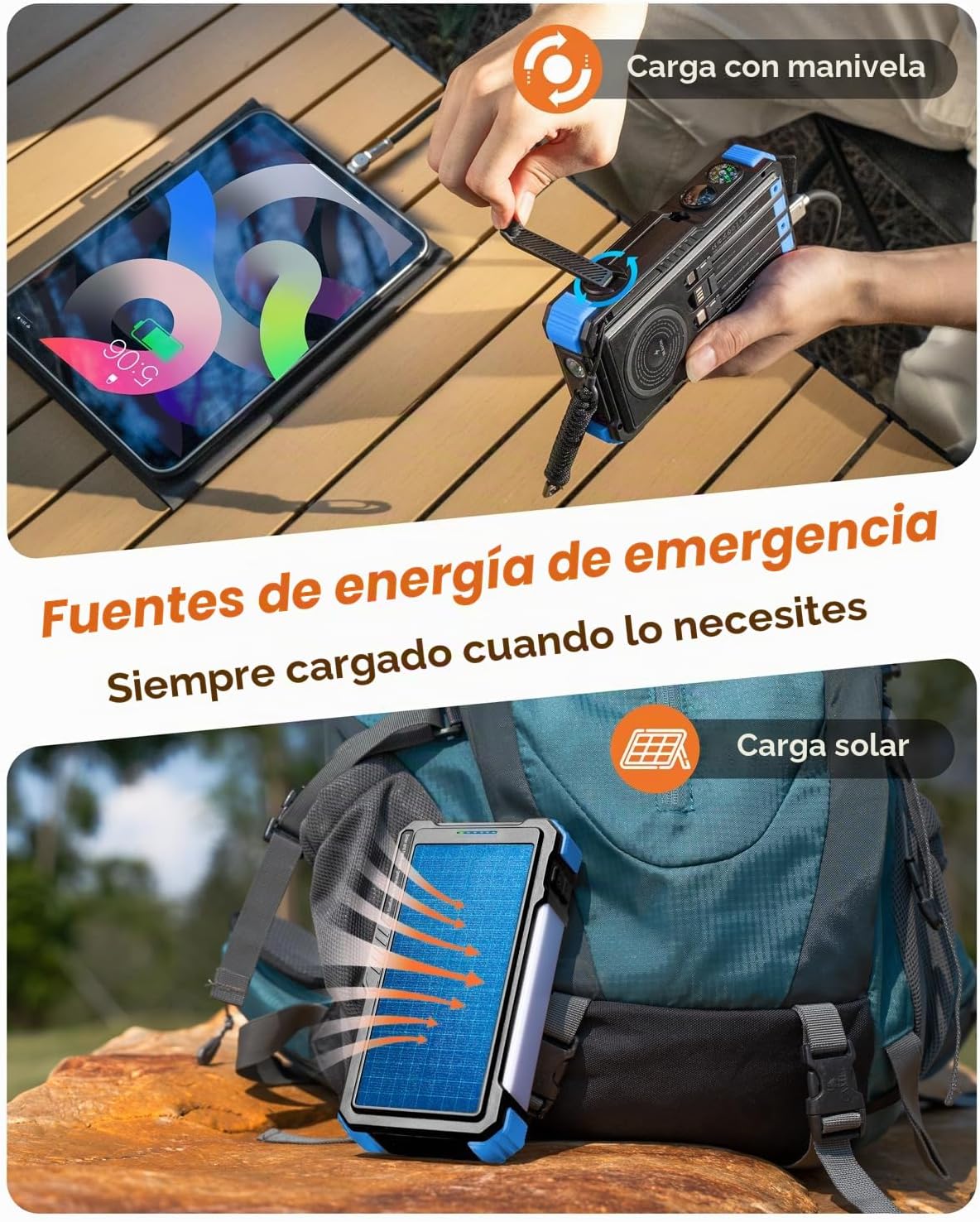 BLAVOR Banco de energía solar con manivela y 4 cables, cargador por...