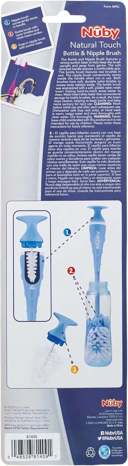 Nuby Cepillo 2 en 1 para biberón con soporte, cerdas de nailon suav...