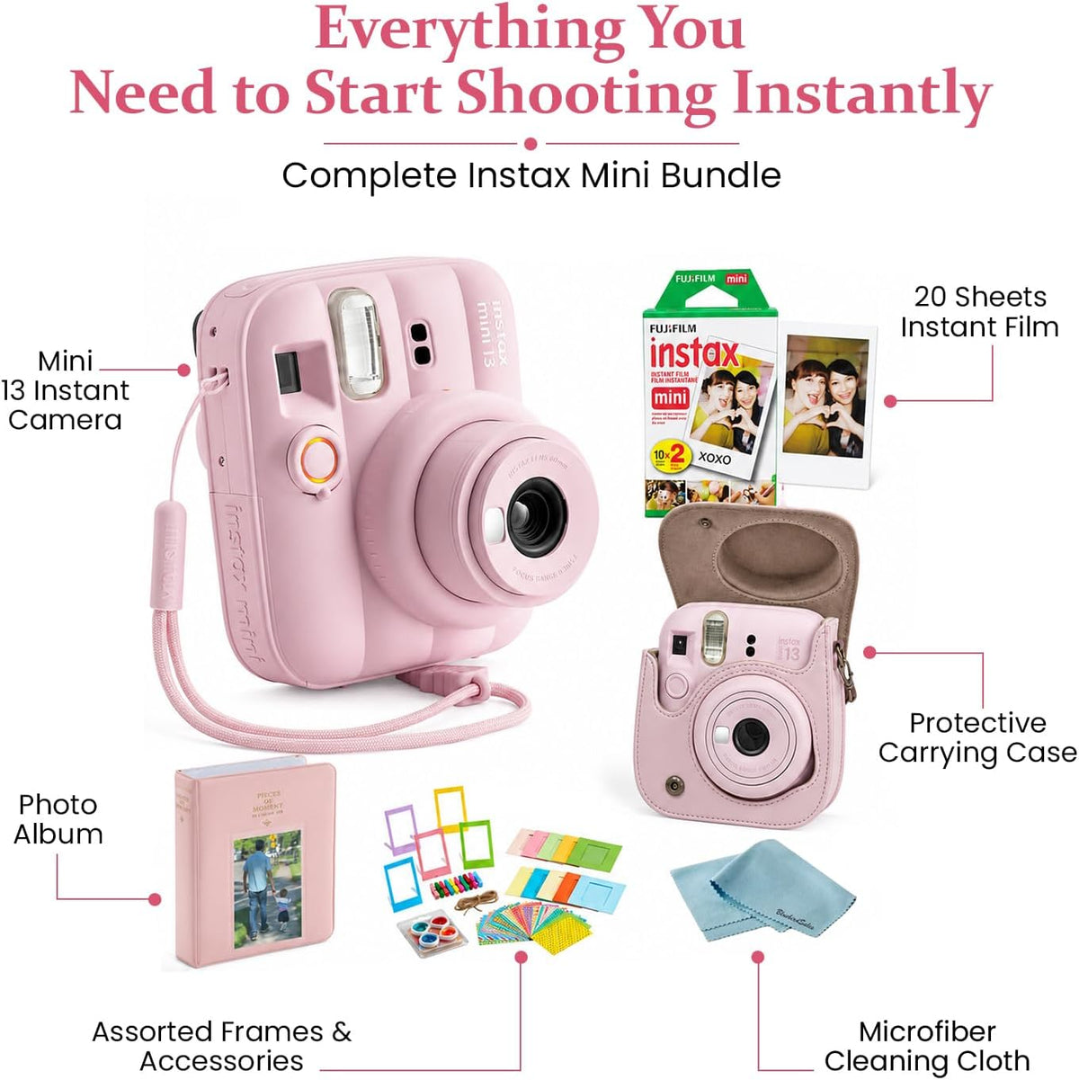 FUJIFILM Instax Mini 13 - Paquete de cámara instantánea rosa carame...