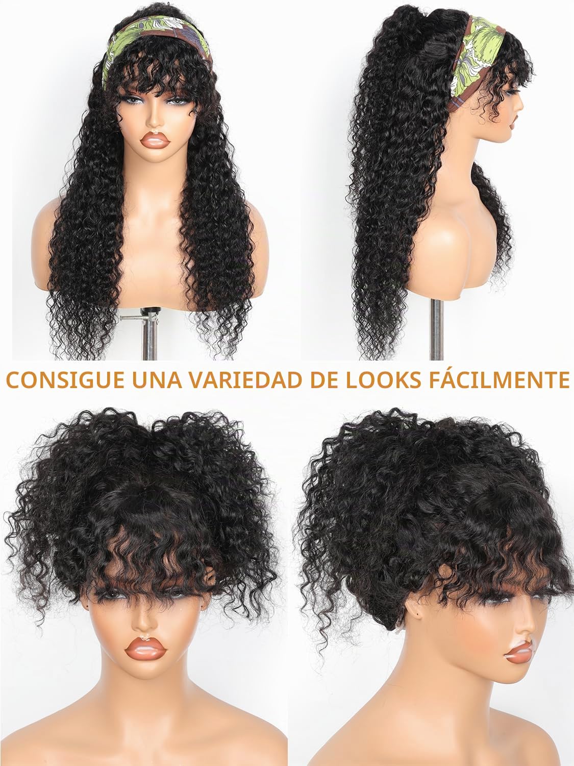JuneMet Ruiyu Pelucas de cabello humano rizado con flequillo, encaj...