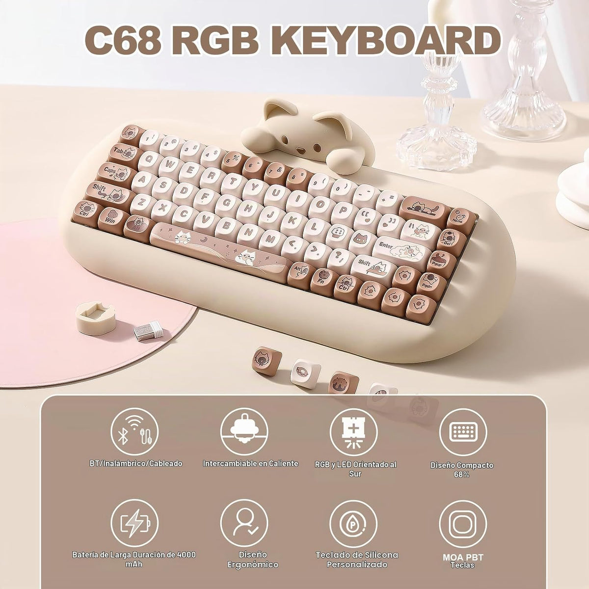 YUNZII C68 Teclado mecánico inalámbrico, diseño de 65%, cambio cali...