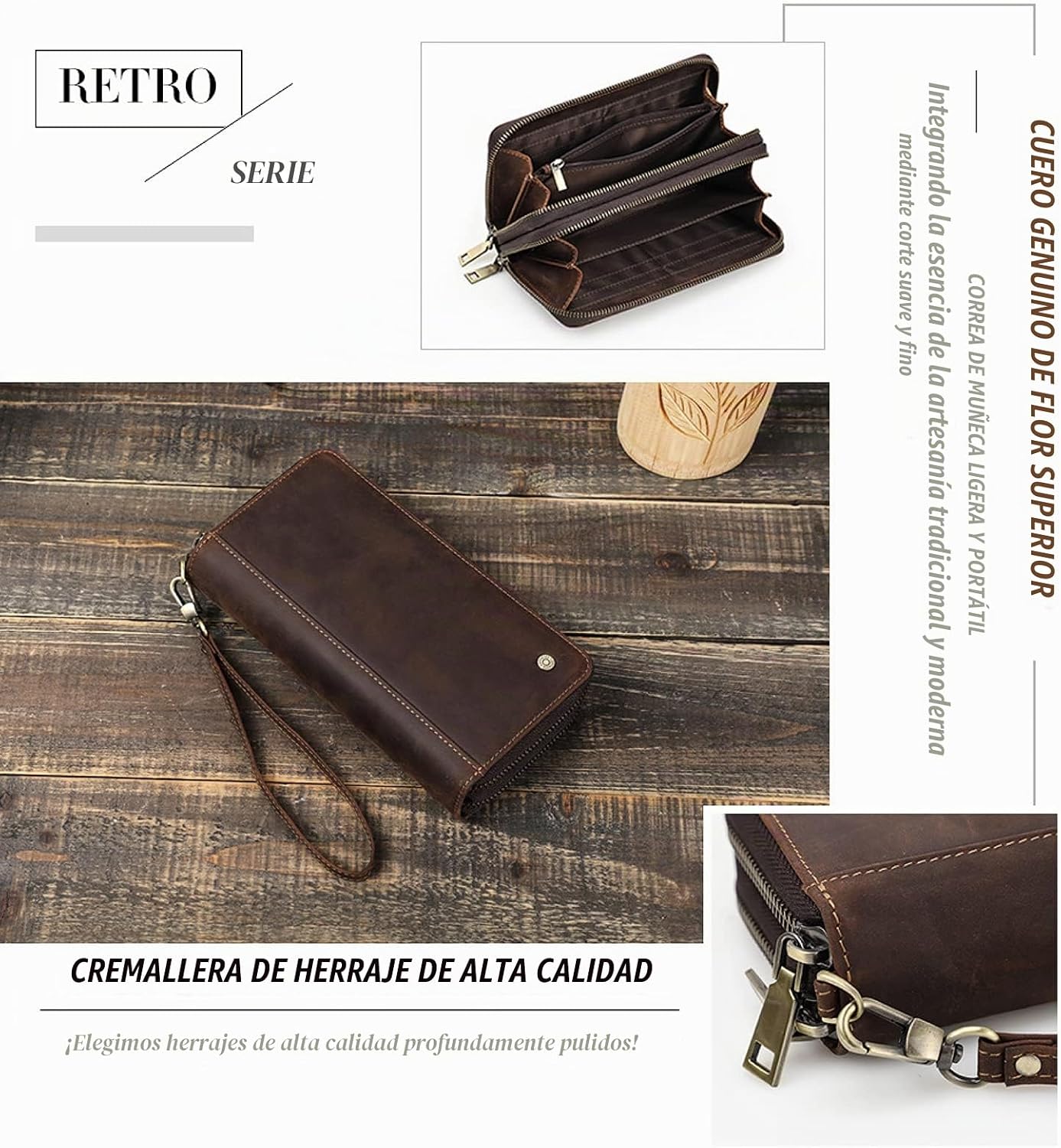 Cartera de cuero genuino de grano superior con correa de muñeca par...