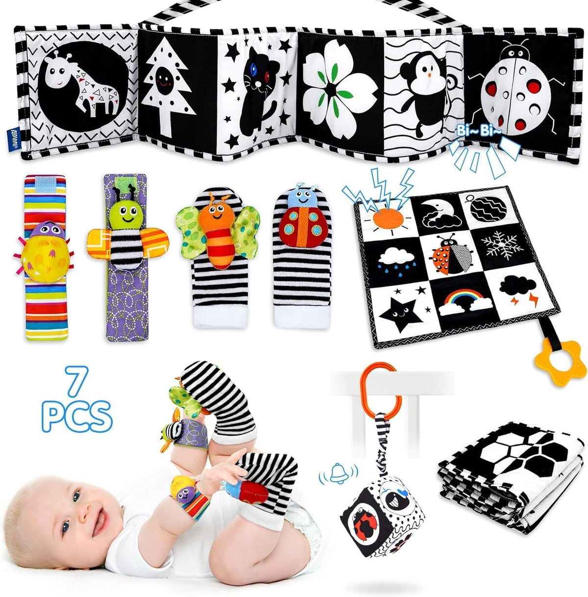 FELSOOGRE 7 piezas de juguetes para bebés de alto contraste en blan...