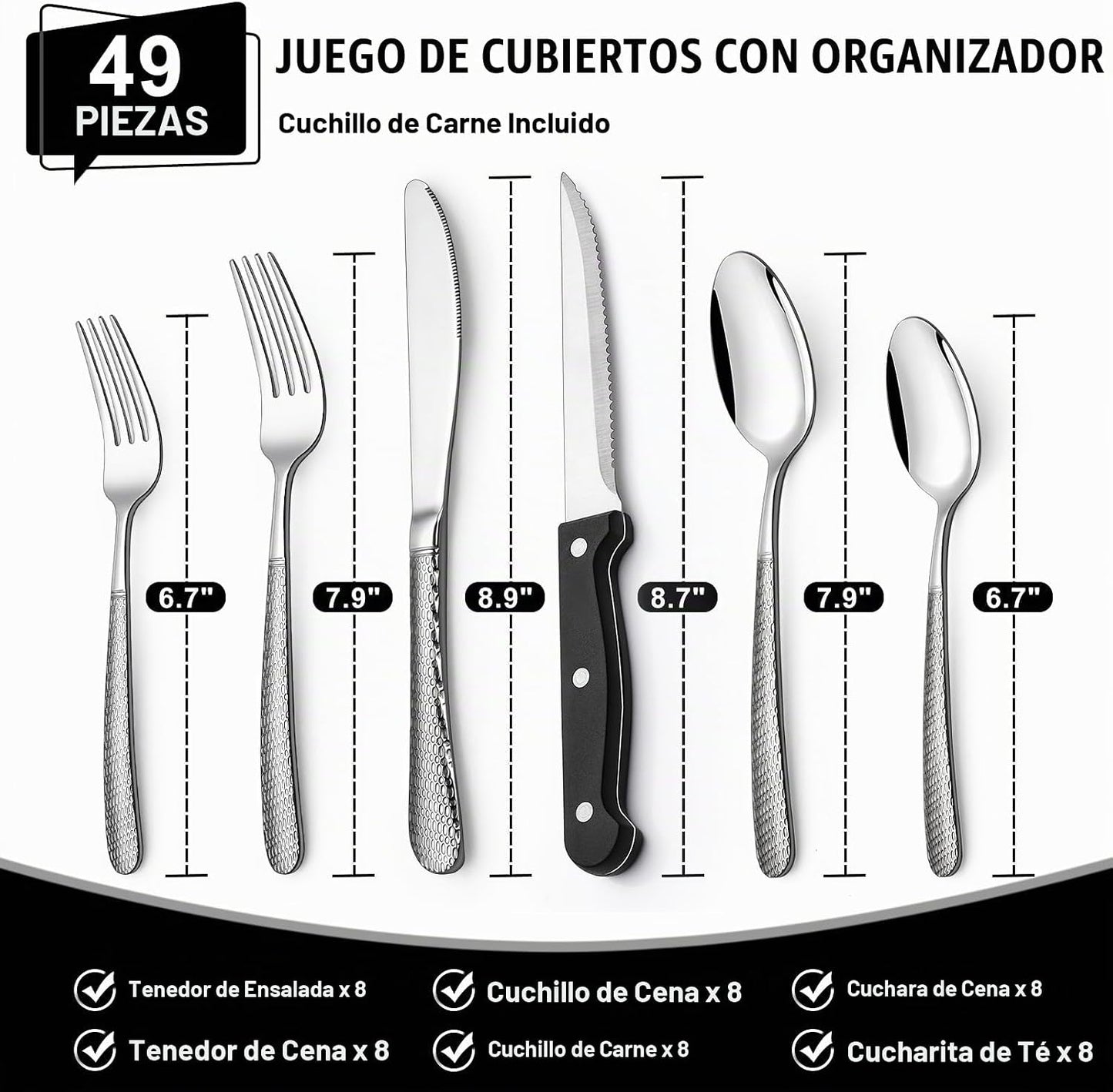 Juego de cubiertos martillados de 49 piezas con organizador, cubier...