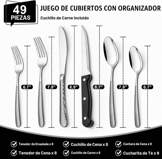 Juego de cubiertos martillados de 49 piezas con organizador, cubier...