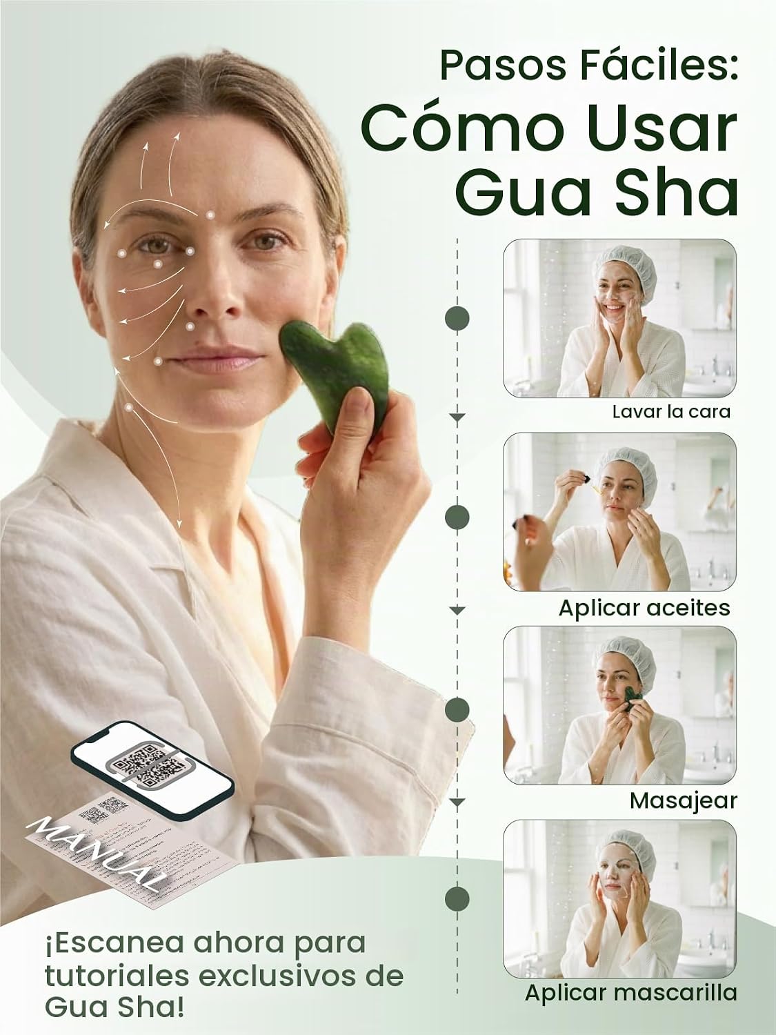 Rena Chris Gua Sha Herramientas Faciales, Herramienta Guasha Jade p...