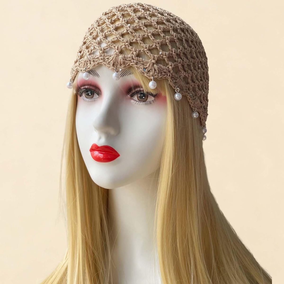 Qkxbxk Gorro de punto hueco con lentejuelas y perlas para mujer, es...